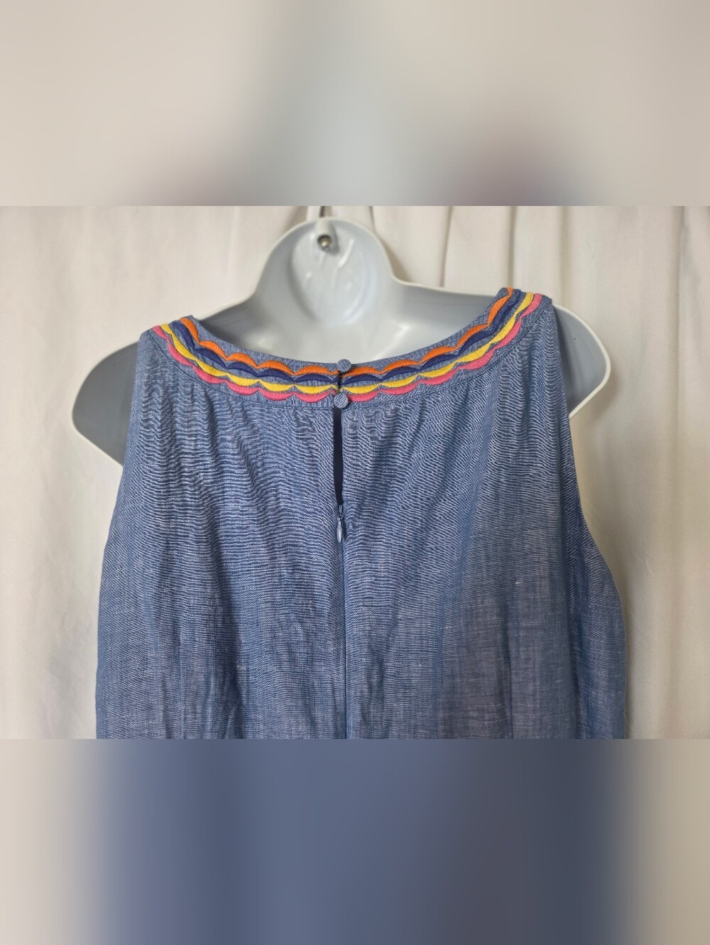 Talbots Blue Sleeveless Linen Blend Midi Multicolor Scalloped Trim. Size 10 - Picture 5 of 7